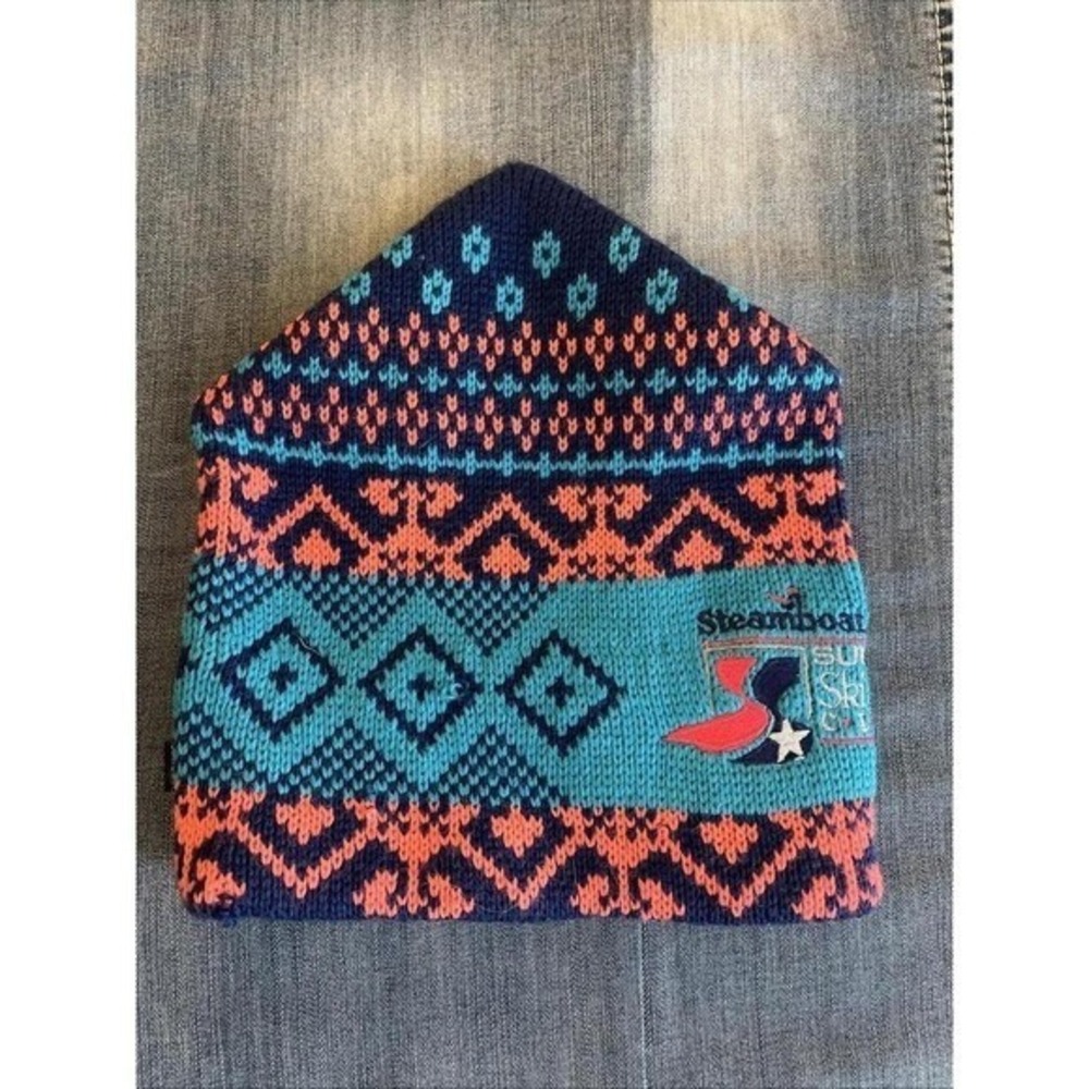 Smiley Steamboat Subaru Ski Town USA Classic Wool Beanie Hat Navy Teal Pink USA